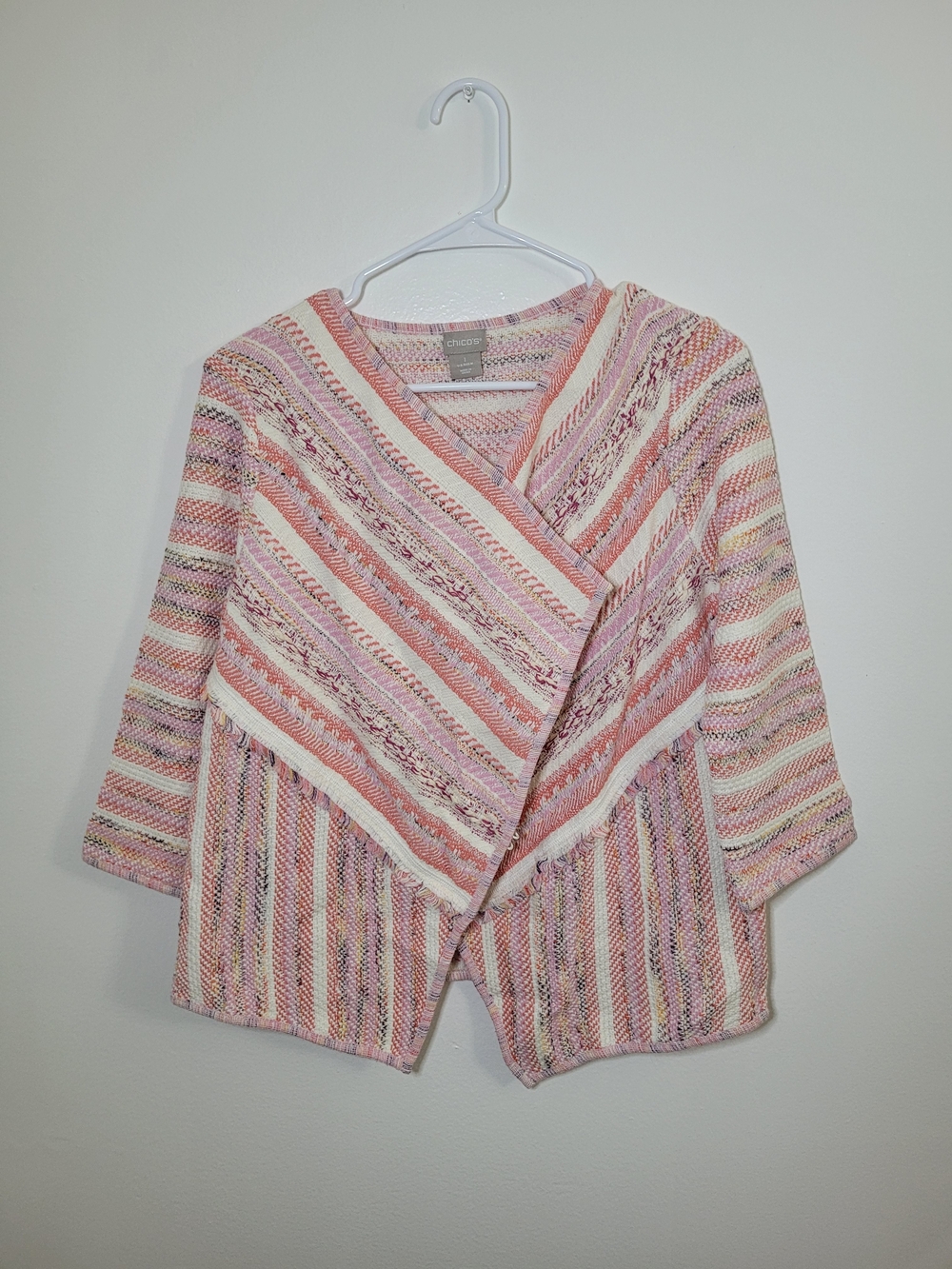 Chico's Women's Pink/White Striped Waterfall Open Front Jacket Size 1 (Medium)